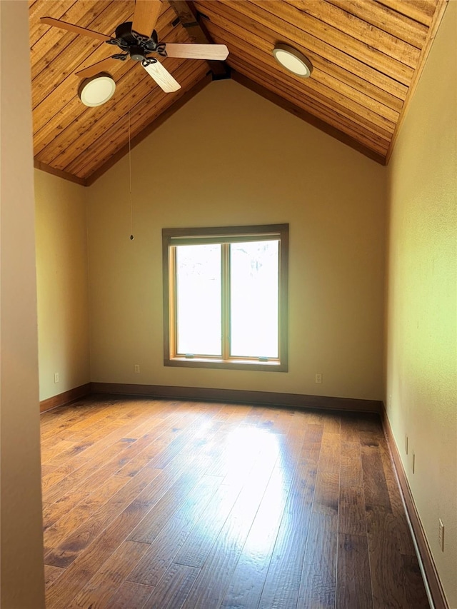 unfurnished room with ceiling fan, baseboards, wooden ceiling, wood finished floors, and lofted ceiling