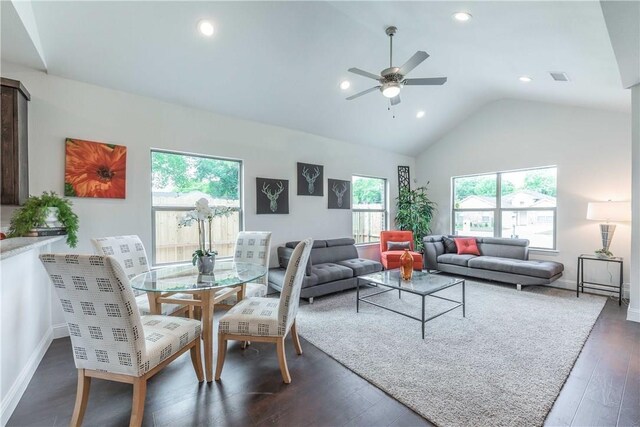 10185 Budtime Ln, Dallas, TX 75217 - living area with vaulted ceiling, baseboards, recessed lighting, ceiling fan, and wood finished floors