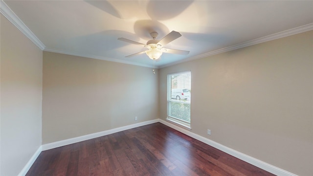 unfurnished room featuring a ceiling fan, crown molding, dark wood finished floors, and baseboards