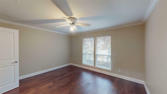 unfurnished room featuring dark wood-type flooring, ceiling fan, crown molding, and baseboards