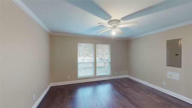 spare room featuring crown molding, a ceiling fan, electric panel, and dark wood-style flooring
