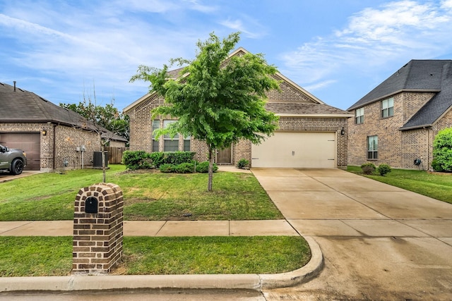 view of front facade with brick siding, a front lawn, concrete driveway, and an attached garage