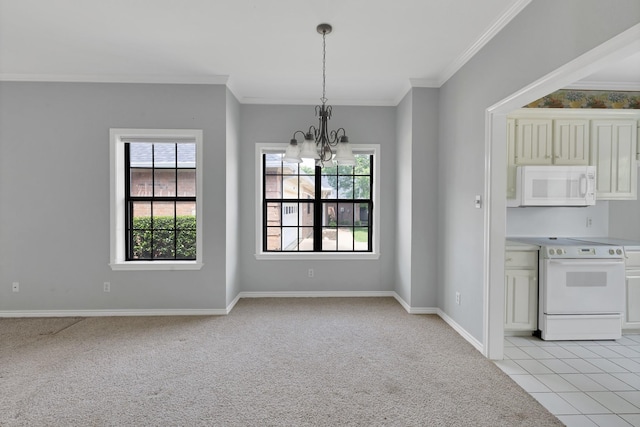 unfurnished dining area with a chandelier, baseboards, light carpet, and crown molding