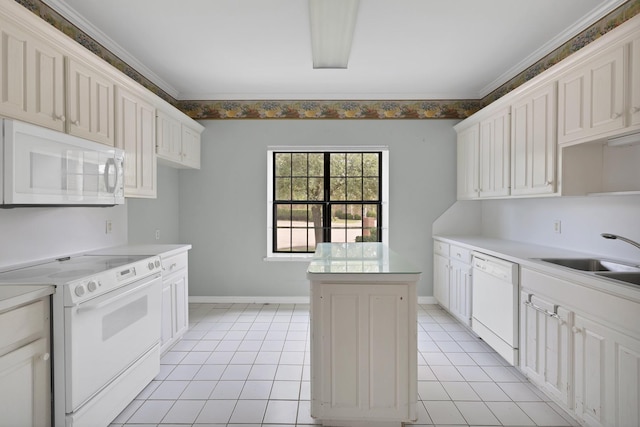 kitchen with a sink, light tile patterned flooring, white appliances, a kitchen island, and light countertops