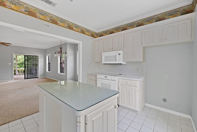 kitchen featuring light tile patterned floors, white appliances, visible vents, baseboards, and open floor plan