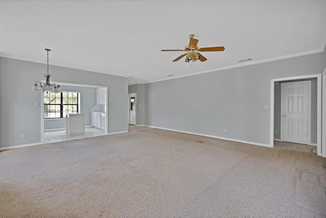 unfurnished living room with visible vents, baseboards, light colored carpet, and ceiling fan with notable chandelier