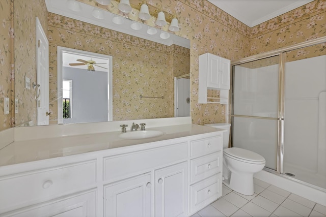bathroom featuring a stall shower, toilet, tile patterned flooring, and wallpapered walls