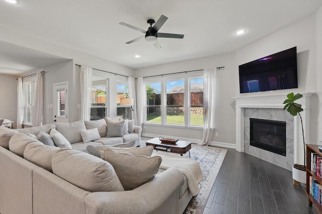 1146 Berrydale Dr, Northlake, TX 76226 - living room featuring ceiling fan, dark wood-style flooring, a high end fireplace, and recessed lighting