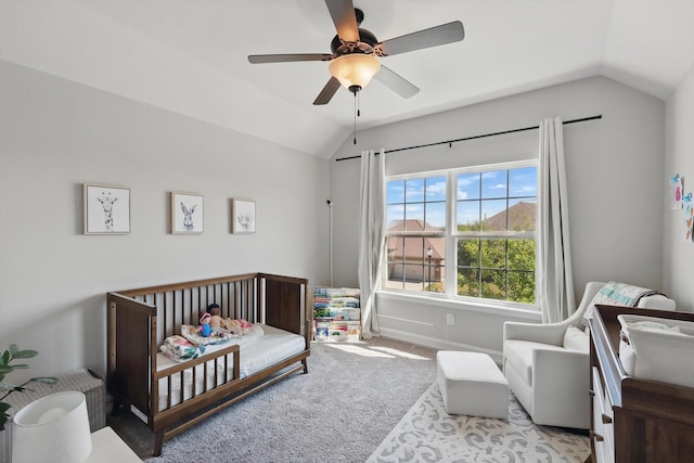 1146 Berrydale Dr, Northlake, TX 76226 - carpeted bedroom with vaulted ceiling, a crib, and ceiling fan