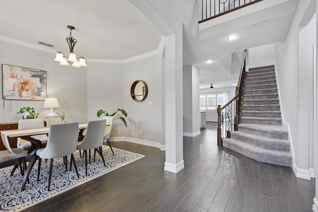 1146 Berrydale Dr, Northlake, TX 76226 - dining area featuring stairs, dark wood-style flooring, a chandelier, crown molding, and recessed lighting