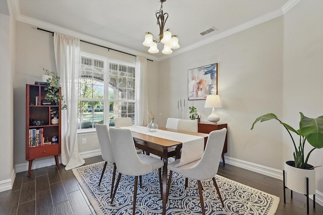 1146 Berrydale Dr, Northlake, TX 76226 - dining area with a chandelier, ornamental molding, and dark wood-style flooring
