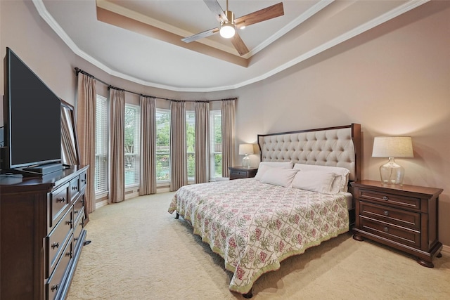 619 Uvalde Ct, Allen, TX 75013 - bedroom featuring ornamental molding, a raised ceiling, ceiling fan, and light carpet