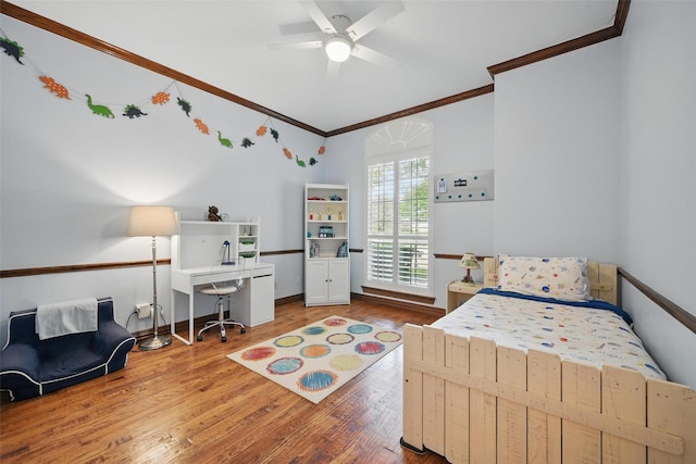 619 Uvalde Ct, Allen, TX 75013 - bedroom featuring a ceiling fan, baseboards, ornamental molding, and wood finished floors