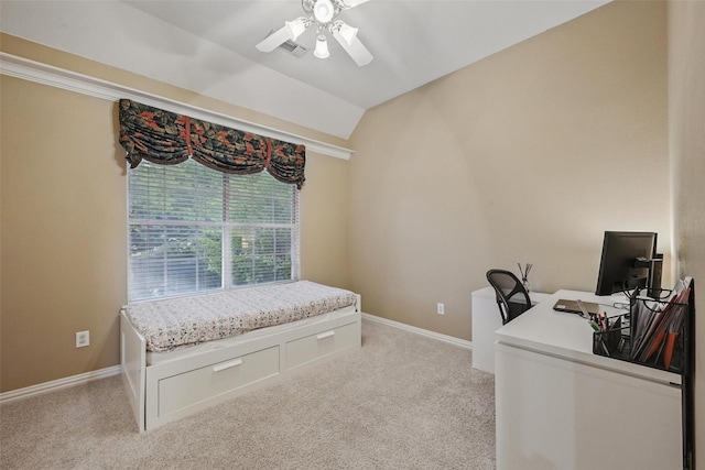 619 Uvalde Ct, Allen, TX 75013 - office featuring ceiling fan, vaulted ceiling, light carpet, and baseboards