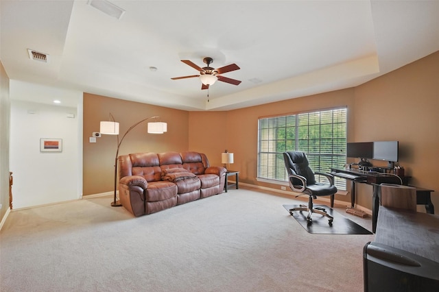 619 Uvalde Ct, Allen, TX 75013 - office with ceiling fan, a raised ceiling, carpet, baseboards, and visible vents