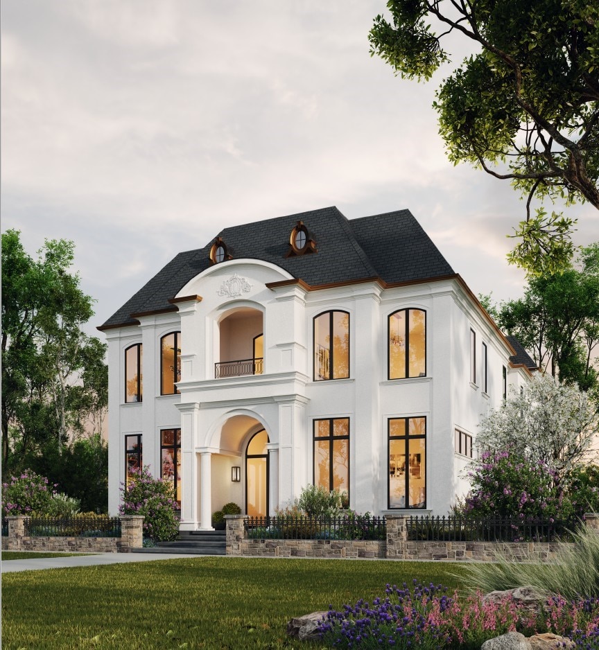 view of front of property with a front lawn, a shingled roof, stucco siding, and a balcony