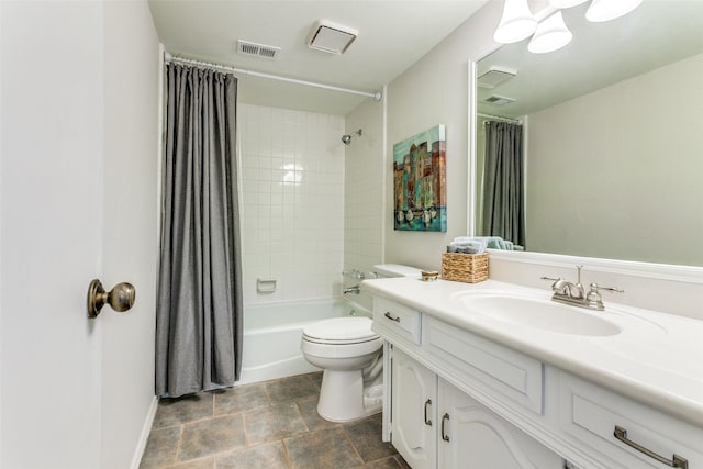 full bath with toilet, shower / tub combo, vanity, and baseboards