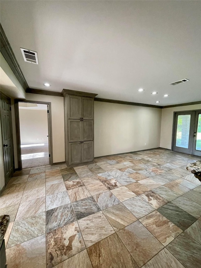 unfurnished room featuring visible vents, ornamental molding, and recessed lighting