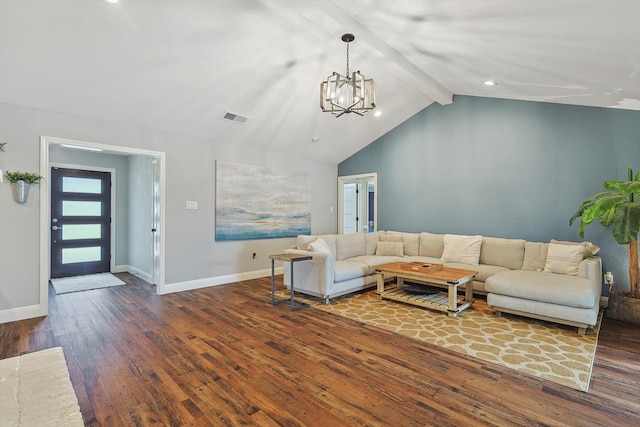 living room featuring an inviting chandelier, wood finished floors, lofted ceiling with beams, and baseboards
