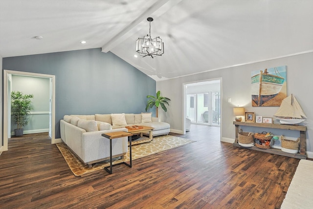 living area with baseboards, wood finished floors, an inviting chandelier, and vaulted ceiling with beams