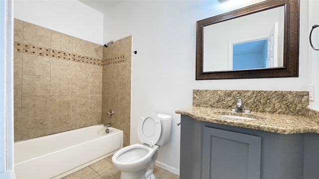 full bath with toilet, tile patterned flooring, bathtub / shower combination, and vanity