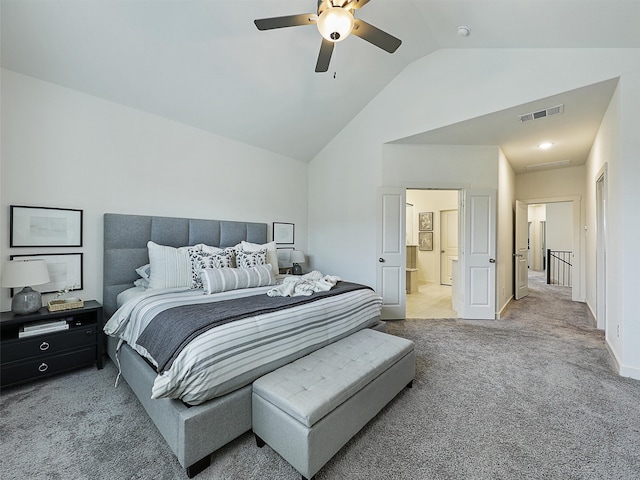1267 Casselberry Dr, Flower Mound, TX 75028 - bedroom with visible vents, ceiling fan, high vaulted ceiling, light colored carpet, and ensuite bath