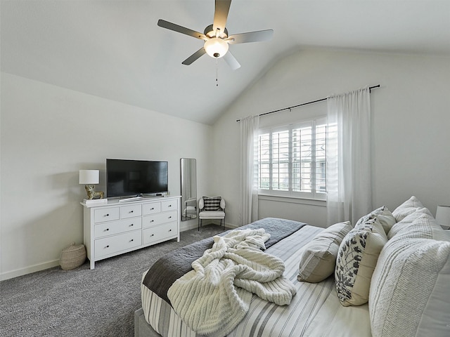 1267 Casselberry Dr, Flower Mound, TX 75028 - bedroom with a ceiling fan, baseboards, lofted ceiling, and dark carpet