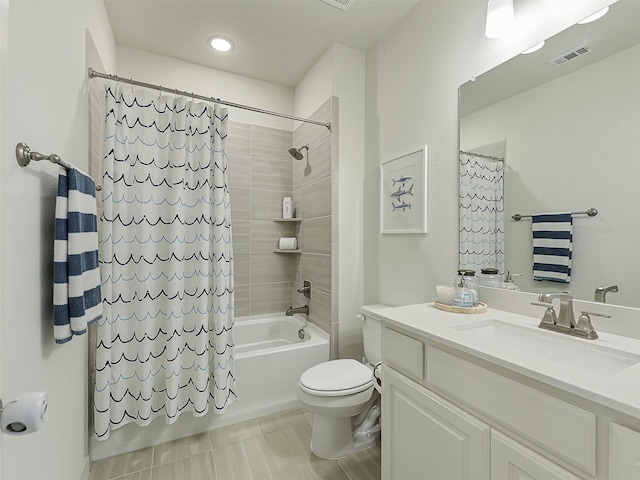 1267 Casselberry Dr, Flower Mound, TX 75028 - full bathroom featuring vanity, shower / bath combo with shower curtain, toilet, tile patterned floors, and visible vents