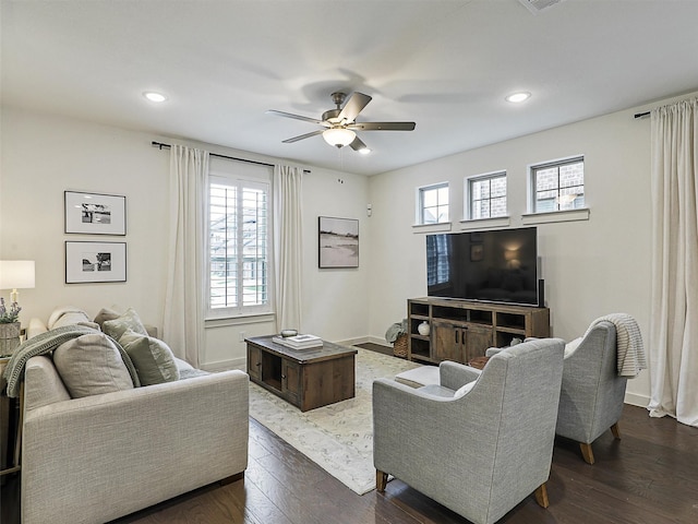 1267 Casselberry Dr, Flower Mound, TX 75028 - living area featuring recessed lighting, a ceiling fan, dark wood-style flooring, and baseboards