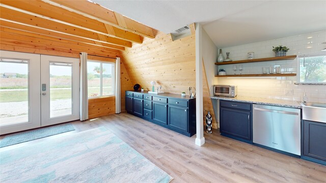 bar with wood walls, dishwasher, light wood-style flooring, and a healthy amount of sunlight