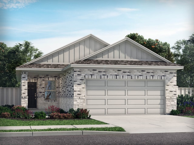 view of front of property featuring concrete driveway, fence, brick siding, an attached garage, and board and batten siding