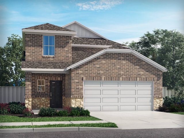view of front of house featuring brick siding, driveway, stone siding, and board and batten siding