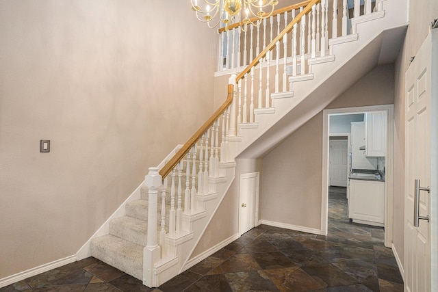 7324 Old Mill Run, Fort Worth, TX 76133 - stairway featuring baseboards, a chandelier, and stone tile floors