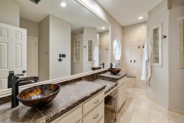 full bath with recessed lighting, tile patterned floors, walk in shower, and vanity