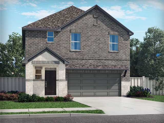 traditional home with a garage, brick siding, fence, and driveway