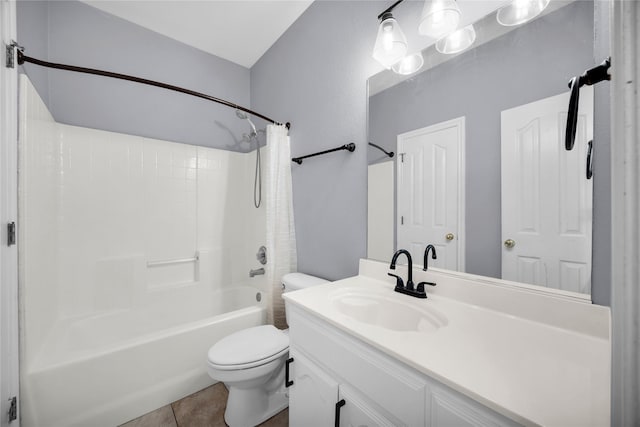 bathroom with vanity, toilet, shower / bath combination with curtain, and tile patterned flooring
