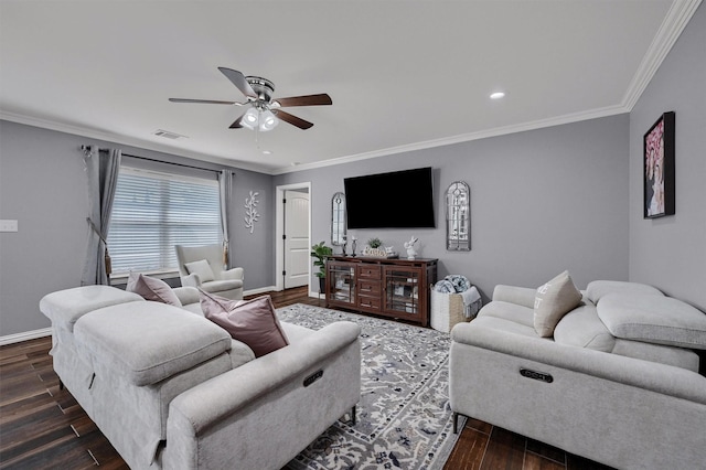 717 S Elm St, Sherman, TX 75090 - living area featuring wood finished floors, ceiling fan, baseboards, visible vents, and crown molding