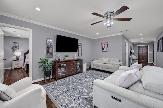 717 S Elm St, Sherman, TX 75090 - living room with visible vents, baseboards, recessed lighting, dark wood finished floors, and a ceiling fan