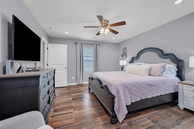 717 S Elm St, Sherman, TX 75090 - bedroom featuring dark wood-style floors, recessed lighting, ceiling fan, visible vents, and baseboards