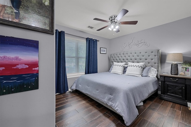 717 S Elm St, Sherman, TX 75090 - bedroom with visible vents, a ceiling fan, dark wood-style floors, and baseboards