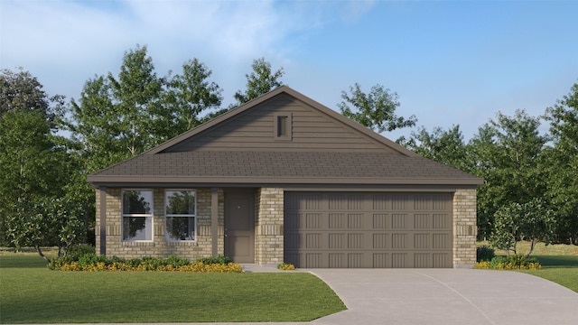 view of front of property featuring brick siding, a shingled roof, driveway, a front yard, and an attached garage