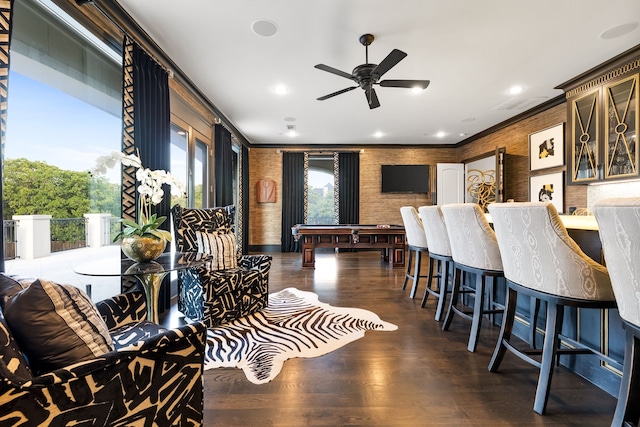 living room featuring recessed lighting, ornamental molding, pool table, wood finished floors, and a ceiling fan