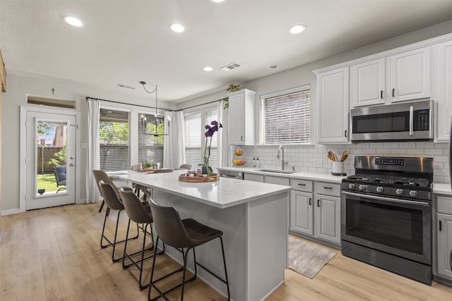kitchen featuring appliances with stainless steel finishes, a sink, visible vents, and tasteful backsplash