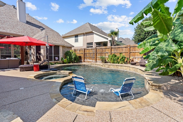 view of pool featuring a patio, an outdoor living space, a fenced in pool, a fenced backyard, and an in ground hot tub