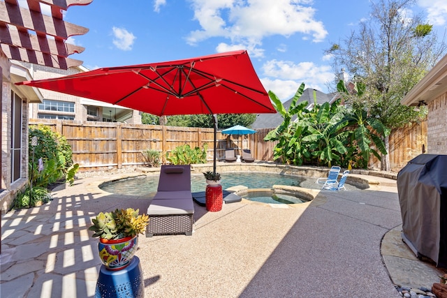 view of patio / terrace featuring a fenced in pool, a fenced backyard, a grill, and an in ground hot tub