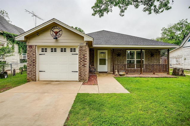 single story home featuring brick siding, a porch, and a front yard