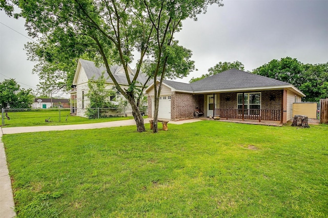 ranch-style home with a porch, a garage, driveway, brick siding, and fence