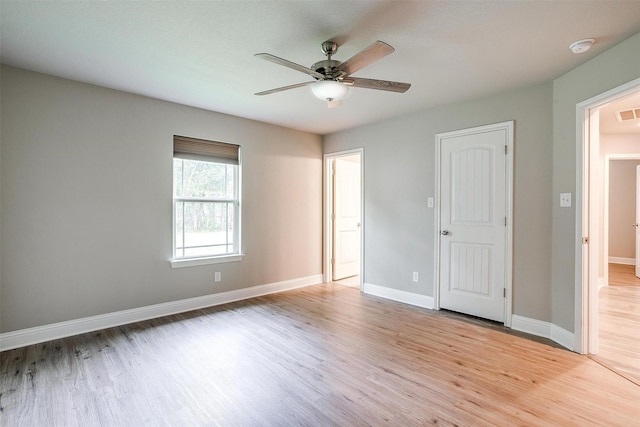 unfurnished bedroom featuring light wood finished floors, visible vents, ceiling fan, and baseboards