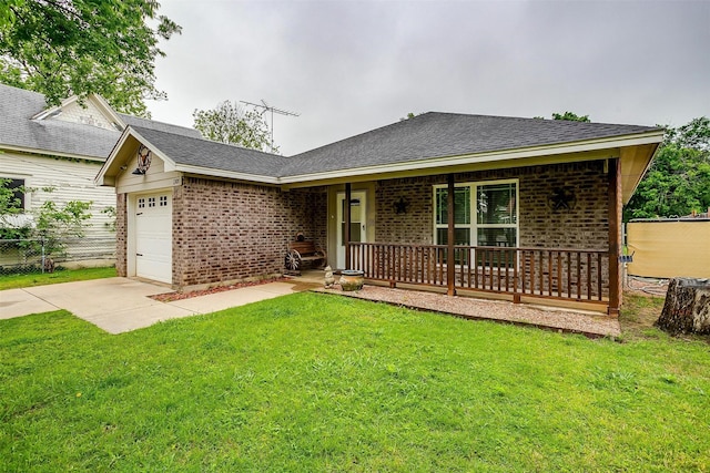ranch-style house with brick siding, fence, a front lawn, concrete driveway, and an attached garage