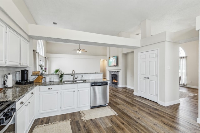 kitchen with a sink, a peninsula, stainless steel appliances, ceiling fan, and decorative backsplash